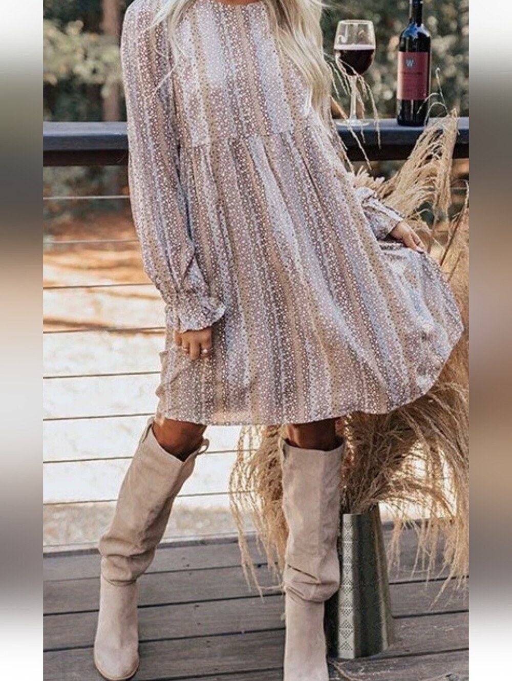 Impressions Long-Sleeve Floral babydoll Mini Dress Taupe